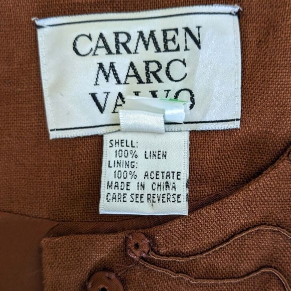 Carmen Marc Valvo Brown Linen Women's 12 Embroidered Snap Front Jacket - Picture 8 of 10